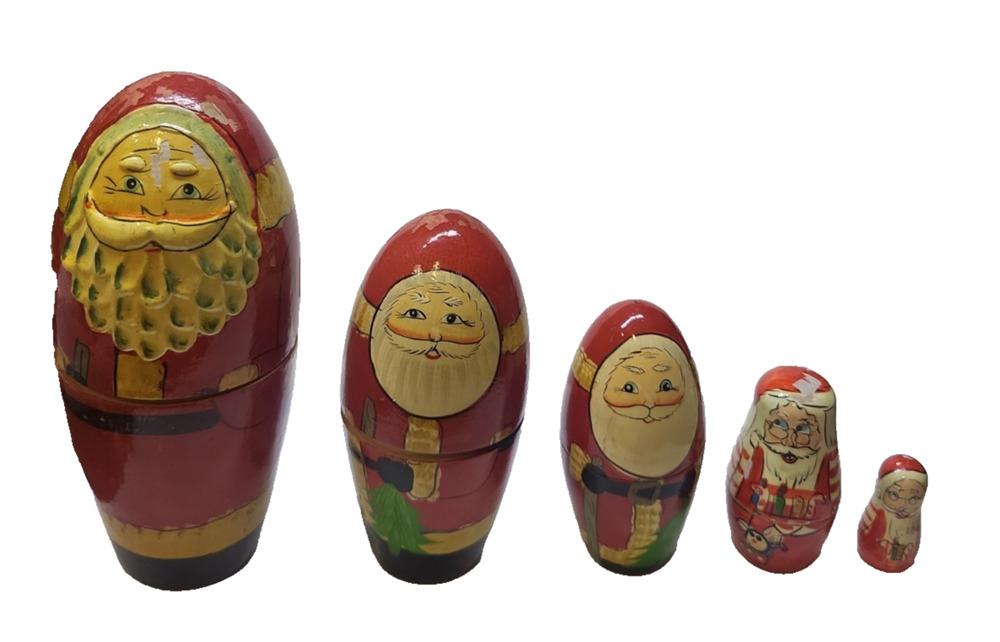 VTG Folk Art Santa Claus Nesting Dolls Set of 5 Hand Painted Colorful Old World